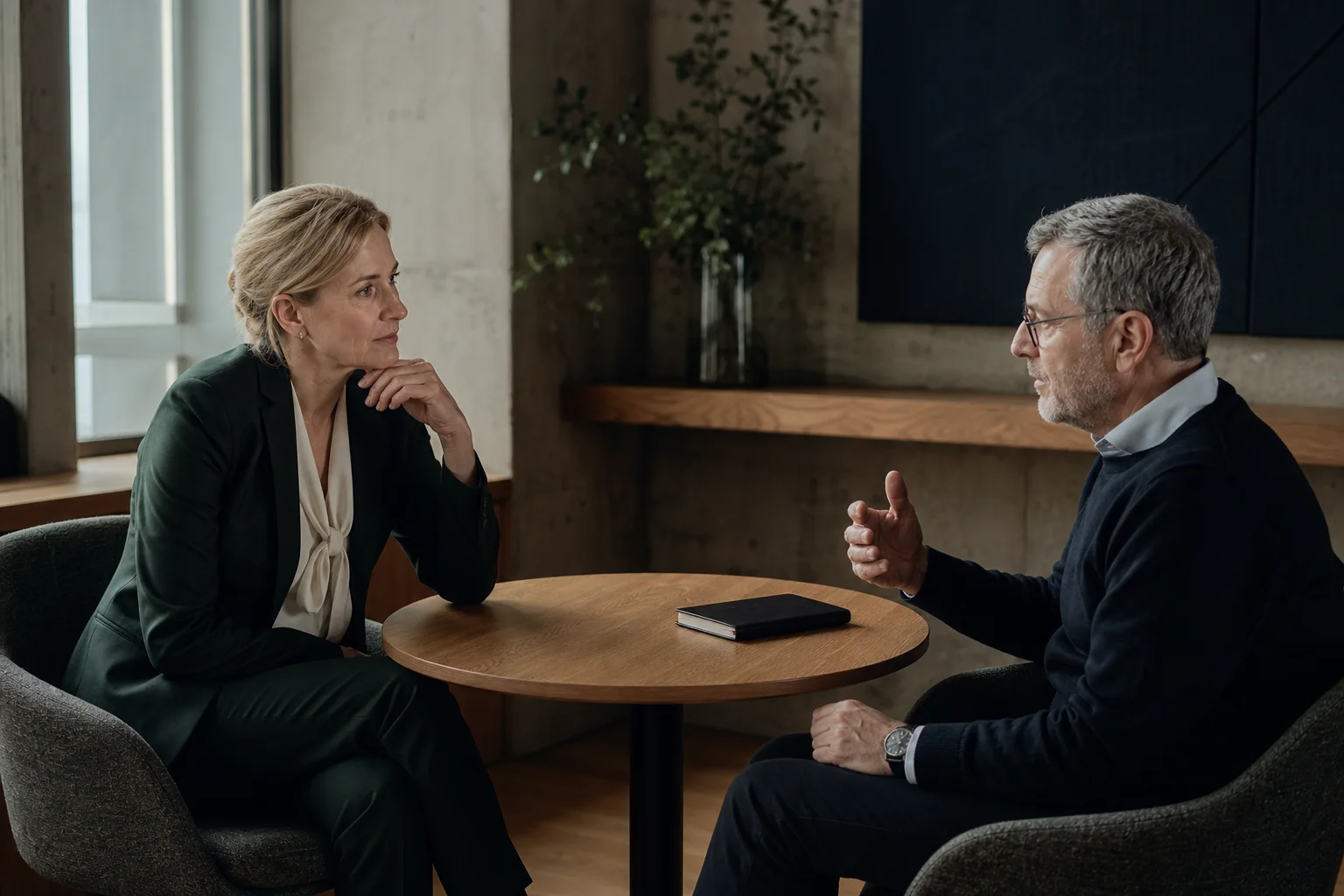 An executive in a confidential one-to-one coaching conversation