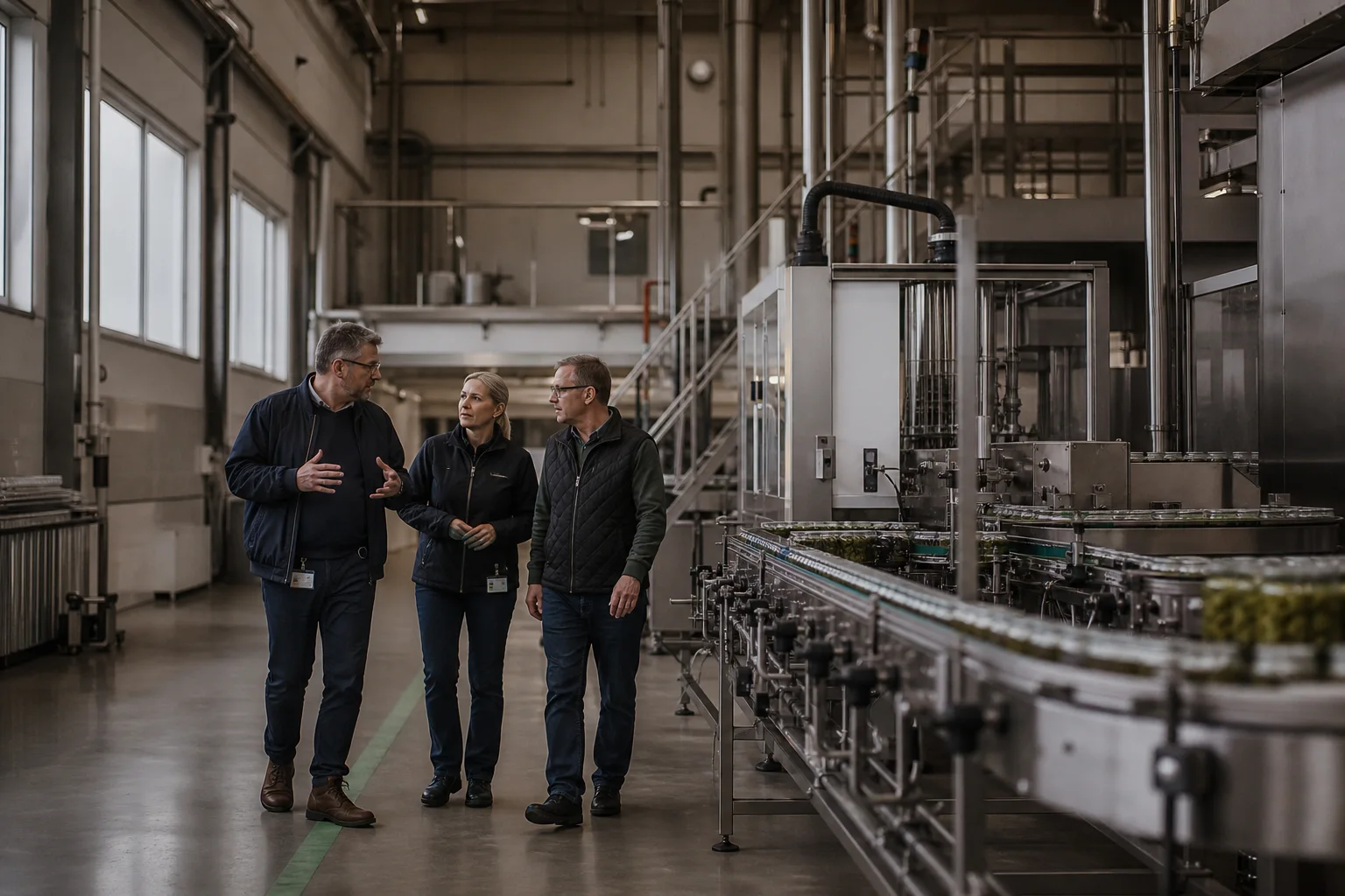 Operations leaders discussing change on a food-production floor